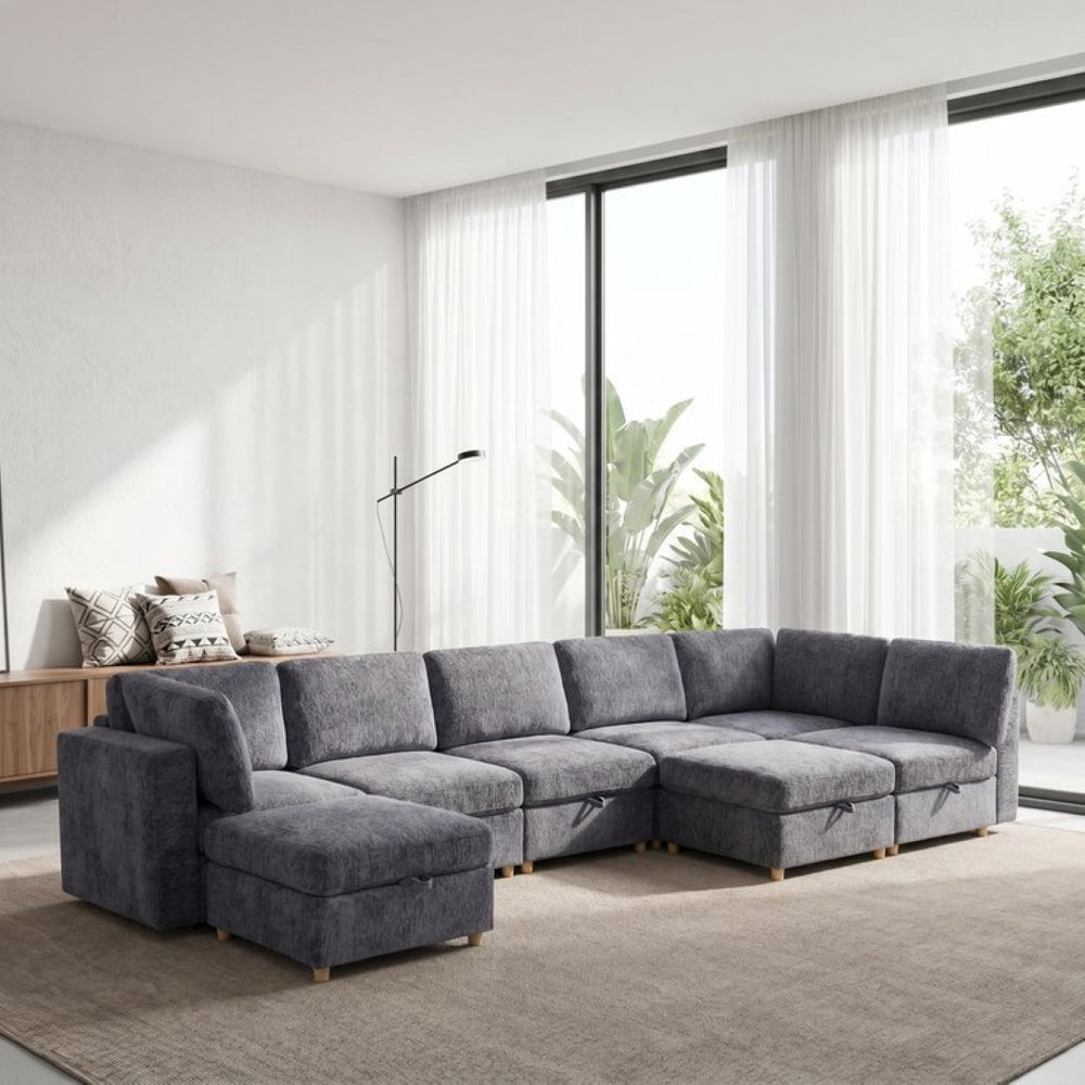 English Elm Modular Sectional Sofa with Hidden Storage Sleeper Convertible 8 Seat Fabric Set Grey W680S00171