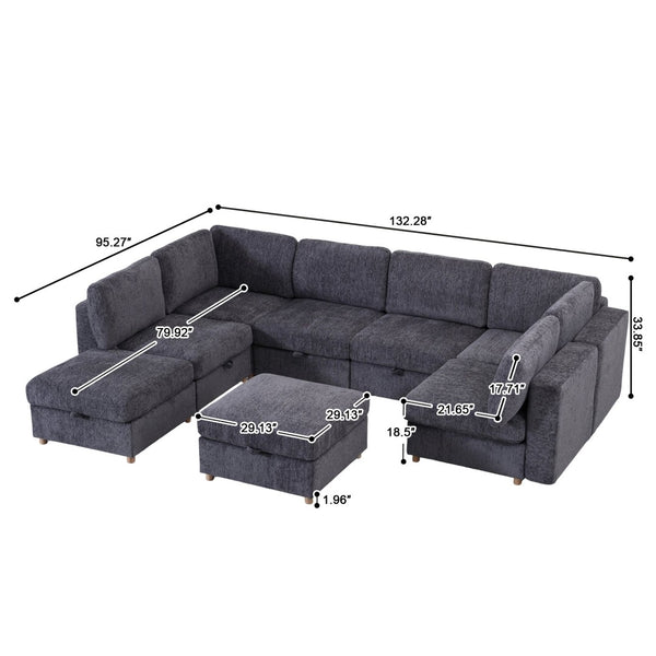 English Elm Modular Sectional Sofa with Hidden Storage Sleeper Convertible 8 Seat Fabric Set Grey W680S00171
