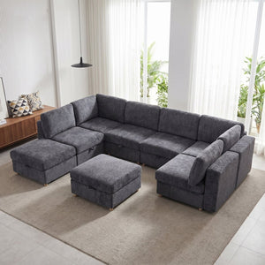 English Elm Modular Sectional Sofa with Hidden Storage Sleeper Convertible 8 Seat Fabric Set Grey W680S00171