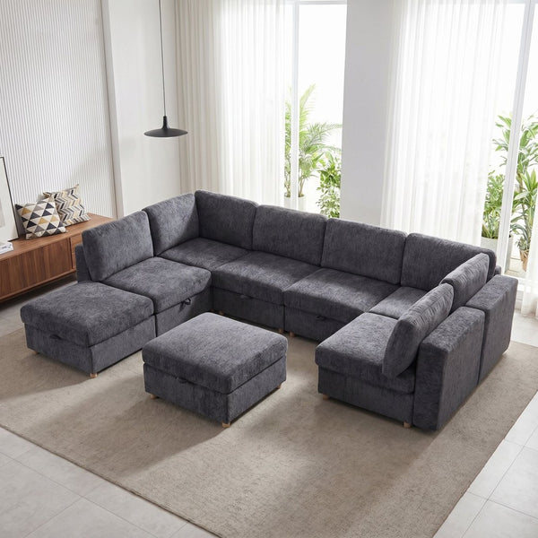 English Elm Modular Sectional Sofa with Hidden Storage Sleeper Convertible 8 Seat Fabric Set Grey W680S00171