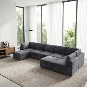 English Elm Modular Sectional Sofa with Hidden Storage Sleeper Convertible 8 Seat Fabric Set Grey W680S00171