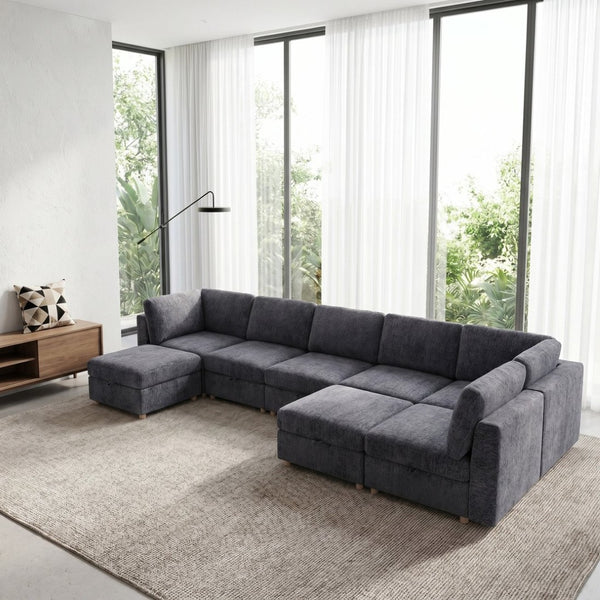 English Elm Modular Sectional Sofa with Hidden Storage Sleeper Convertible 8 Seat Fabric Set Grey W680S00171