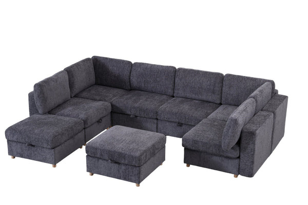 English Elm Modular Sectional Sofa with Hidden Storage Sleeper Convertible 8 Seat Fabric Set Grey W680S00171
