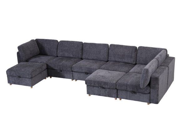 English Elm Modular Sectional Sofa with Hidden Storage Sleeper Convertible 8 Seat Fabric Set Grey W680S00171