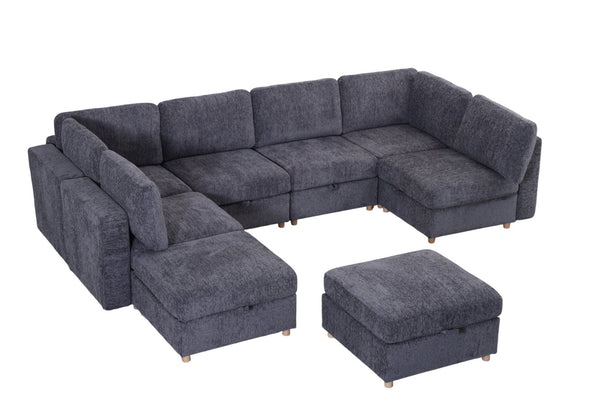 English Elm Modular Sectional Sofa with Hidden Storage Sleeper Convertible 8 Seat Fabric Set Grey W680S00171