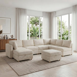 English Elm Modular Sectional Sofa with Hidden Storage Sleeper Convertible 8 Seat Fabric Set Beige W680S00172