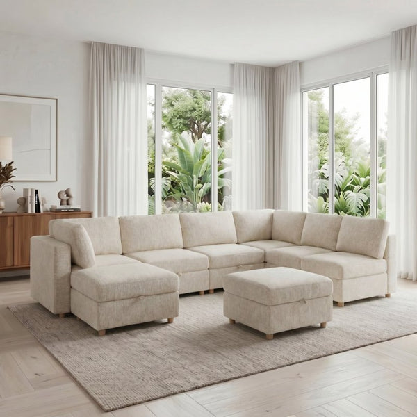 English Elm Modular Sectional Sofa with Hidden Storage Sleeper Convertible 8 Seat Fabric Set Beige W680S00172