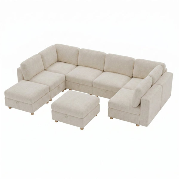 English Elm Modular Sectional Sofa with Hidden Storage Sleeper Convertible 8 Seat Fabric Set Beige W680S00172