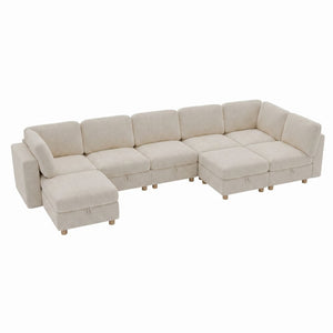English Elm Modular Sectional Sofa with Hidden Storage Sleeper Convertible 8 Seat Fabric Set Beige W680S00172