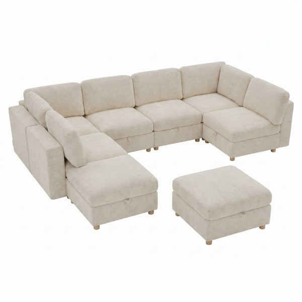 English Elm Modular Sectional Sofa with Hidden Storage Sleeper Convertible 8 Seat Fabric Set Beige W680S00172