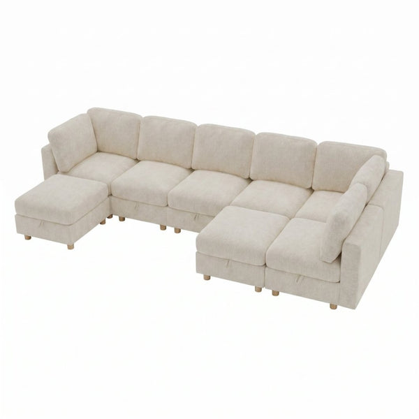 English Elm Modular Sectional Sofa with Hidden Storage Sleeper Convertible 8 Seat Fabric Set Beige W680S00172