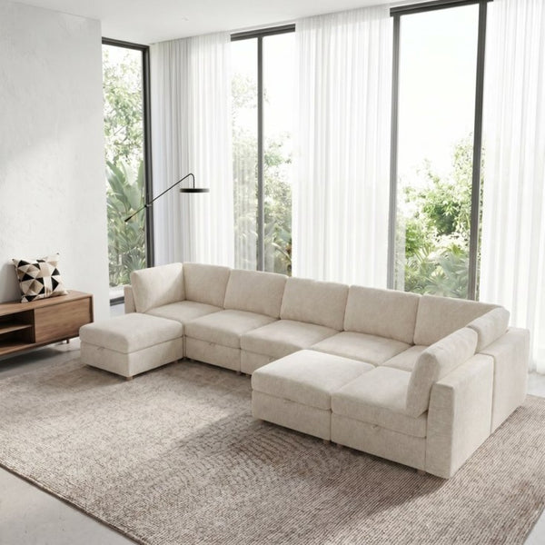 English Elm Modular Sectional Sofa with Hidden Storage Sleeper Convertible 8 Seat Fabric Set Beige W680S00172