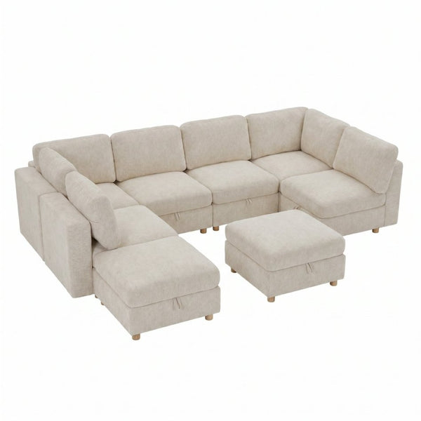 English Elm Modular Sectional Sofa with Hidden Storage Sleeper Convertible 8 Seat Fabric Set Beige W680S00172