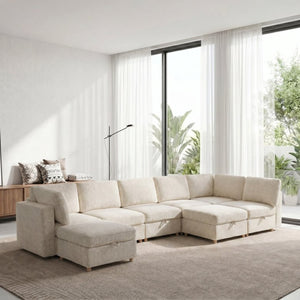 English Elm Modular Sectional Sofa with Hidden Storage Sleeper Convertible 8 Seat Fabric Set Beige W680S00172