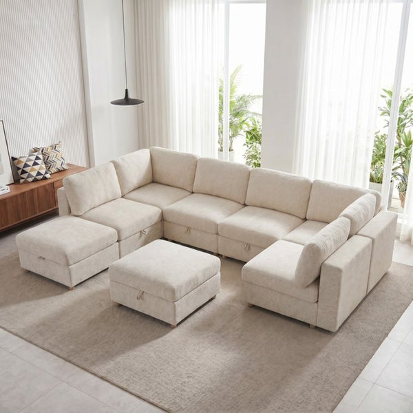 English Elm Modular Sectional Sofa with Hidden Storage Sleeper Convertible 8 Seat Fabric Set Beige W680S00172