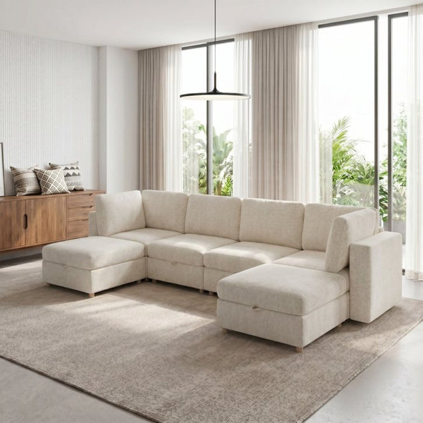 English Elm Modular Sectional Sofa with Hidden Storage Sleeper Eight Seat Fabric Living Room Beige W680S00173