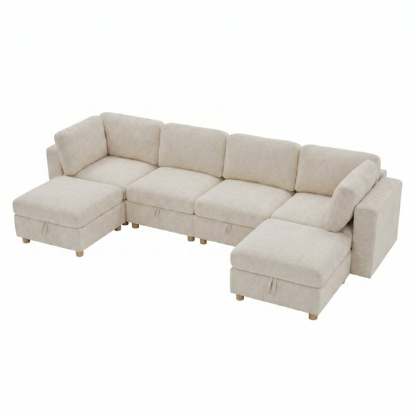 English Elm Modular Sectional Sofa with Hidden Storage Sleeper Eight Seat Fabric Living Room Beige W680S00173
