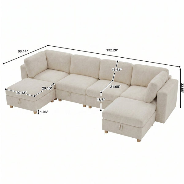 English Elm Modular Sectional Sofa with Hidden Storage Sleeper Eight Seat Fabric Living Room Beige W680S00173