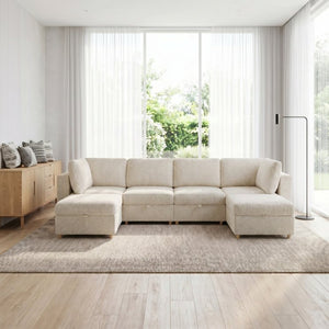 English Elm Modular Sectional Sofa with Hidden Storage Sleeper Eight Seat Fabric Living Room Beige W680S00173