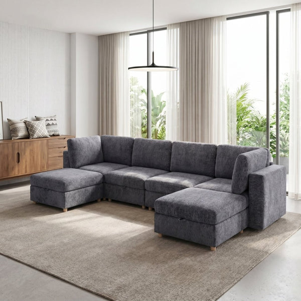English Elm Modular Sectional Sofa with Hidden Storage Sleeper Eight Seat Fabric Living Room Grey W680S00174