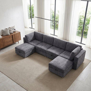 English Elm Modular Sectional Sofa with Hidden Storage Sleeper Eight Seat Fabric Living Room Grey W680S00174