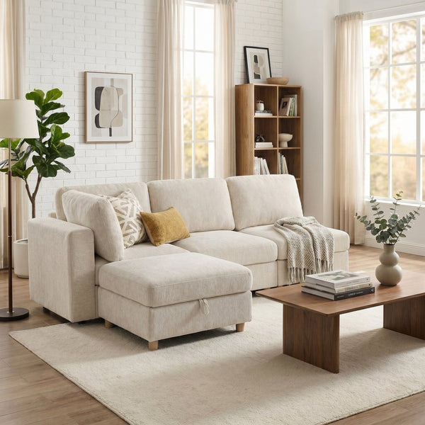 English Elm Modular Sectional Sofa with Hidden Storage Convertible Sleeper Fabric 8 Seat Living Room Beige W680S00175
