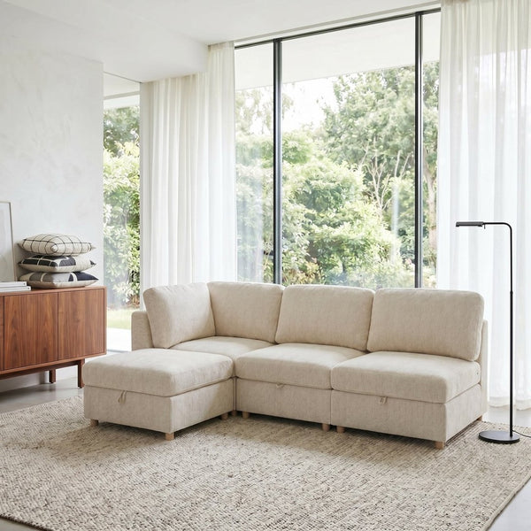 English Elm Modular Sectional Sofa with Hidden Storage Convertible Sleeper Fabric 8 Seat Living Room Beige W680S00175