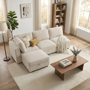 English Elm Modular Sectional Sofa with Hidden Storage Convertible Sleeper Fabric 8 Seat Living Room Beige W680S00175