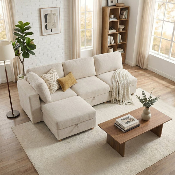 English Elm Modular Sectional Sofa with Hidden Storage Convertible Sleeper Fabric 8 Seat Living Room Beige W680S00175