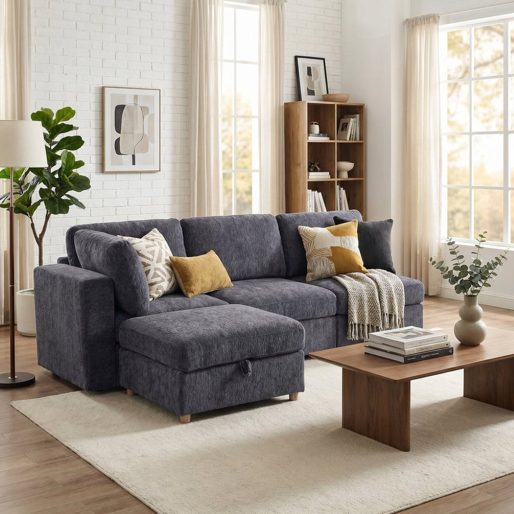 English Elm Modular Sectional Sofa with Hidden Storage Convertible Sleeper Fabric 8 Seat Living Room Grey W680S00176