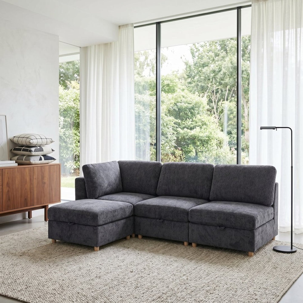 English Elm Modular Sectional Sofa with Hidden Storage Convertible Sleeper Fabric 8 Seat Living Room Grey W680S00176