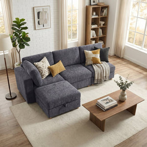 English Elm Modular Sectional Sofa with Hidden Storage Convertible Sleeper Fabric 8 Seat Living Room Grey W680S00176