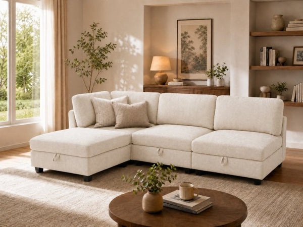 English Elm Armless Modular Sofa Set of 4 Units with Hidden Storage and Pocket Spring Cushions White W680S00177