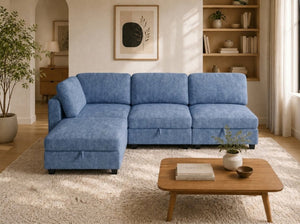 English Elm Armless Modular Sofa Set of 4 Units with Hidden Storage and Pocket Spring Cushions Blue W680S00179