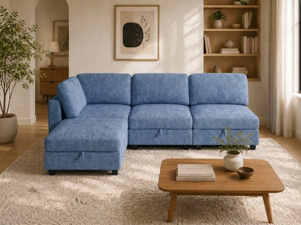 English Elm Armless Modular Sofa Set of 4 Units with Hidden Storage and Pocket Spring Cushions Blue W680S00179