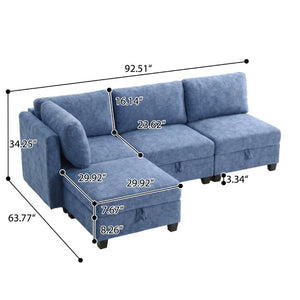 English Elm Armless Modular Sofa Set of 4 Units with Hidden Storage and Pocket Spring Cushions Blue W680S00179