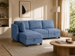 English Elm Armless Modular Sofa Set of 4 Units with Hidden Storage and Pocket Spring Cushions Blue W680S00179