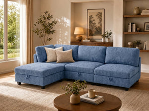 English Elm Armless Modular Sofa Set of 4 Units with Hidden Storage and Pocket Spring Cushions Blue W680S00179