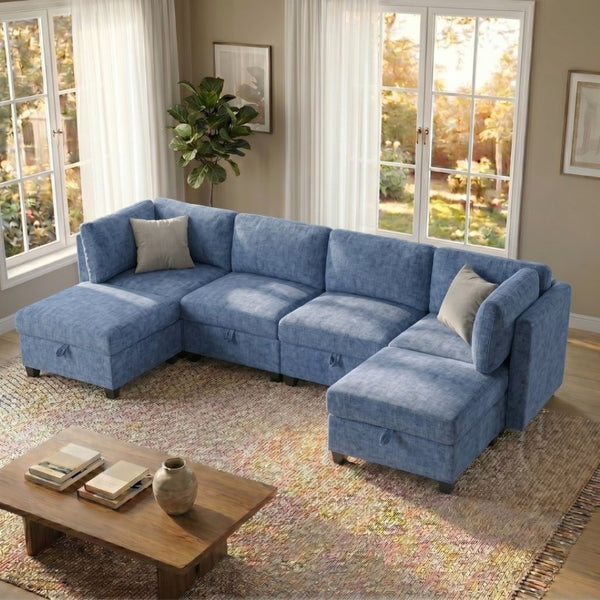 English Elm Armless Modular Sectional Sofa with Hidden Storage and Pocket Spring Foam Cushion Seating Blue W680S00182
