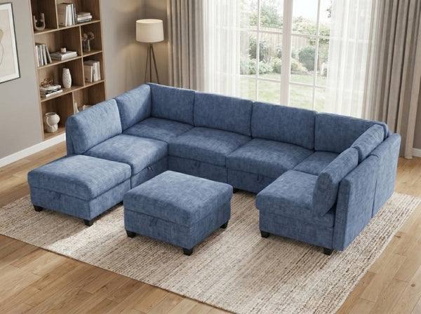 English Elm Armless Modular 8 Piece Sectional Sofa with Hidden Storage and Pocket Spring Cushions Blue W680S00185