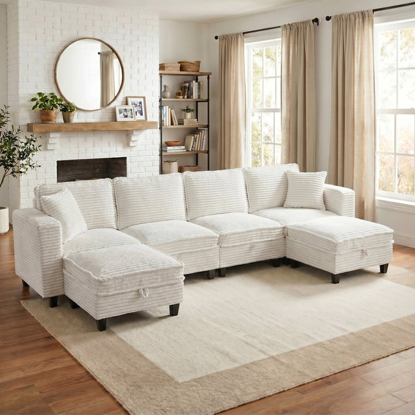 English Elm Modular Corduroy Sectional Sofa with Built-in Storage for Living Room Lounging W680S00186
