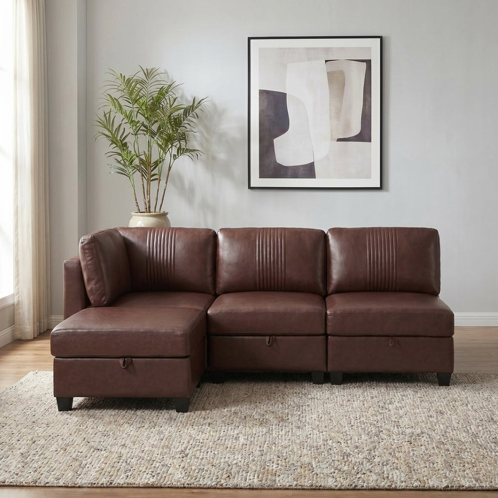 English Elm Flexible Pu Leather Modular Sofa with Hidden Storage and Sleeper for Living Room Dark Brown W680S00192