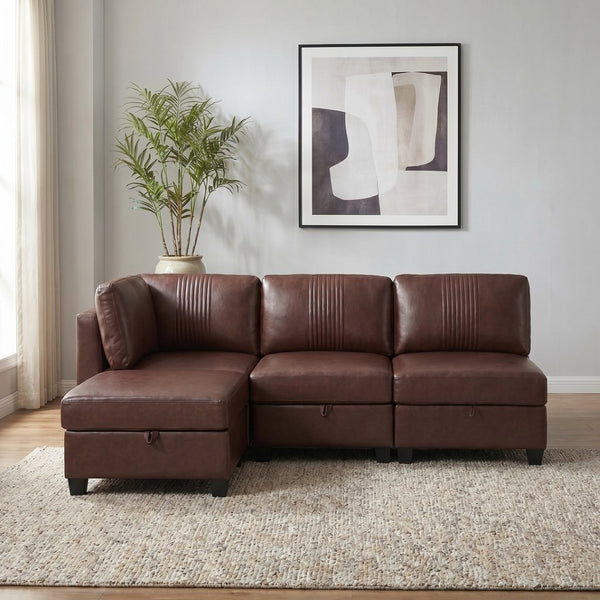 English Elm Flexible Pu Leather Modular Sofa with Hidden Storage and Sleeper for Living Room Dark Brown W680S00192