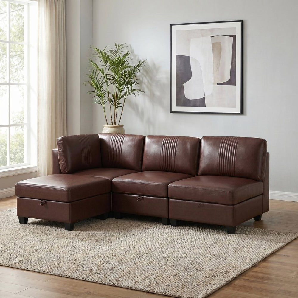 English Elm Flexible Pu Leather Modular Sofa with Hidden Storage and Sleeper for Living Room Dark Brown W680S00192