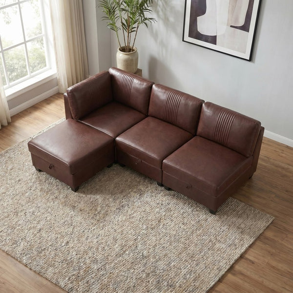 English Elm Flexible Pu Leather Modular Sofa with Hidden Storage and Sleeper for Living Room Dark Brown W680S00192