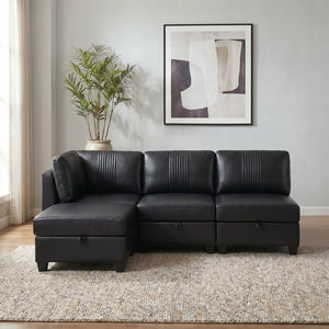 English Elm Flexible Pu Leather Modular Sofa with Hidden Storage and Sleeper for Living Room Black W680S00193