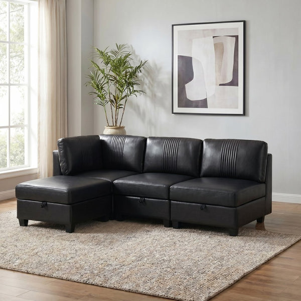 English Elm Flexible Pu Leather Modular Sofa with Hidden Storage and Sleeper for Living Room Black W680S00193