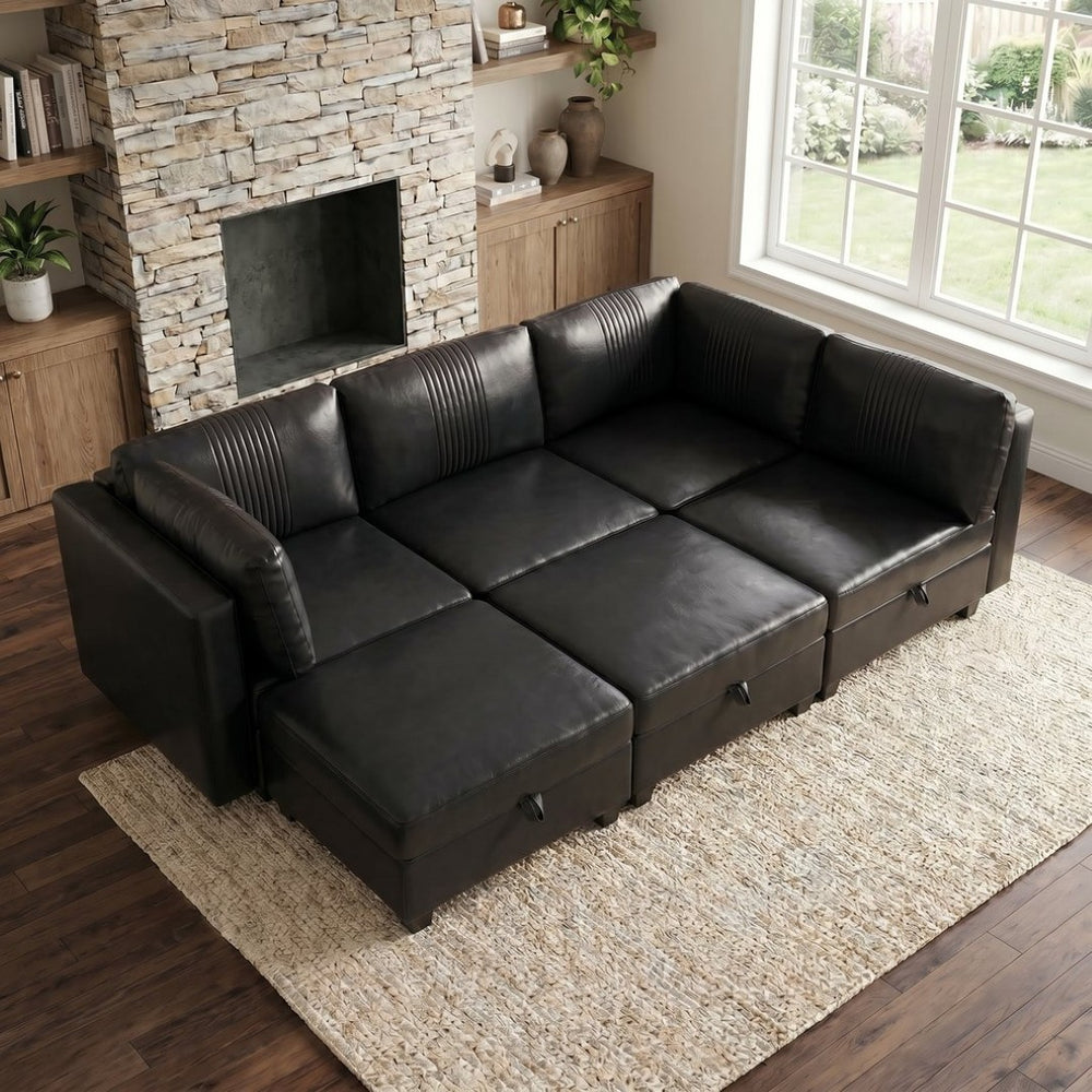 English Elm Flexible Six Seat Pu Leather Modular Sofa with Under Storage and Sleeper Function Black W680S00194