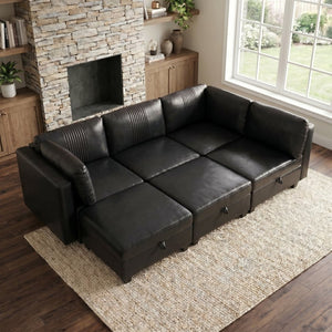 English Elm Flexible Six Seat Pu Leather Modular Sofa with Under Storage and Sleeper Function Black W680S00194