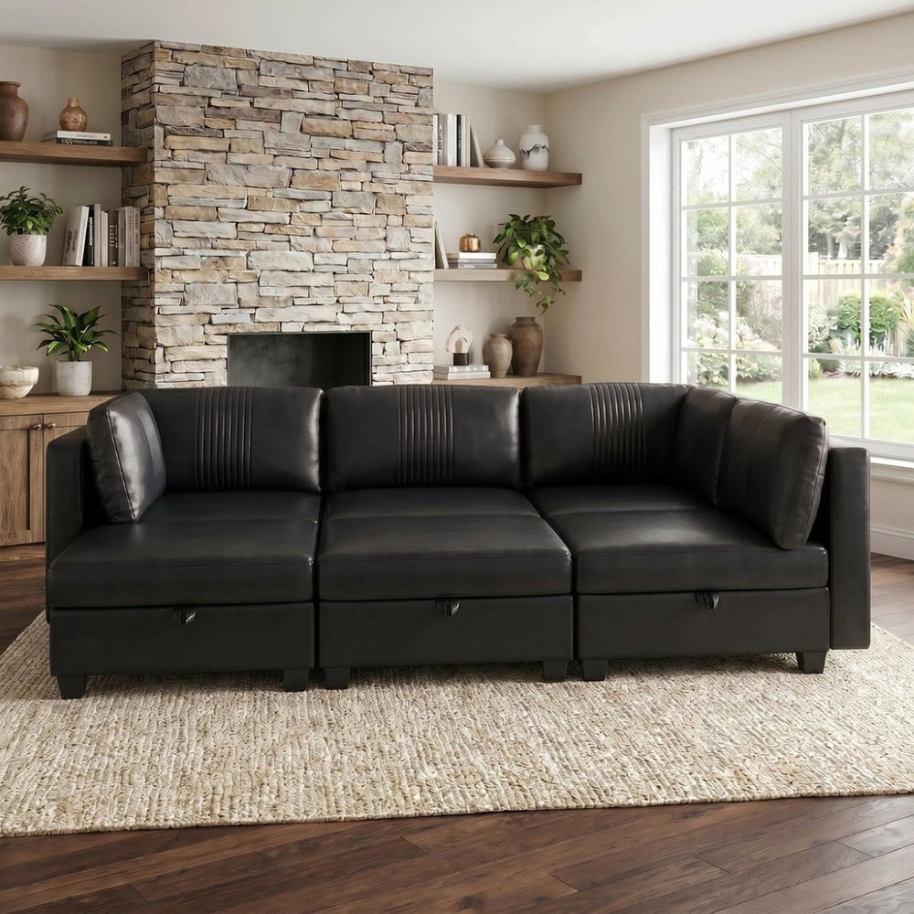English Elm Flexible Six Seat Pu Leather Modular Sofa with Under Storage and Sleeper Function Black W680S00194